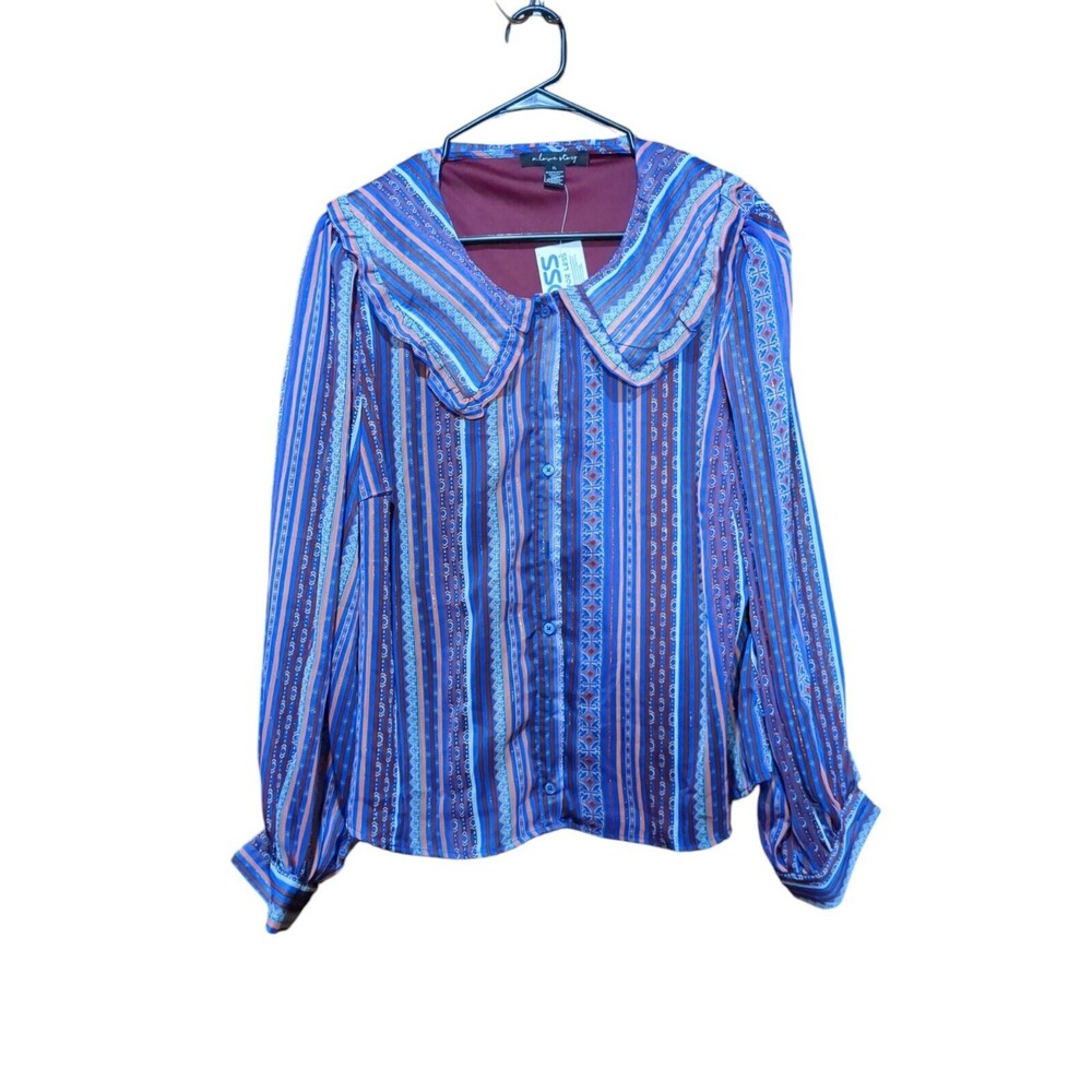 A Love Story Womens Blouse Sz XL Blue Striped Button-Up Long Sleeve Collared NWT